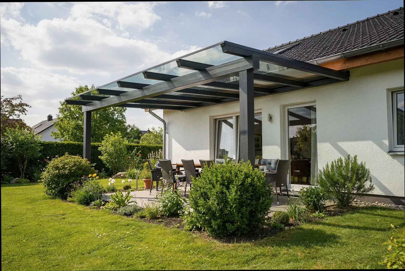 Neu montierte Terrassenüberdachung an einem Wohnhaus in Leverkusen